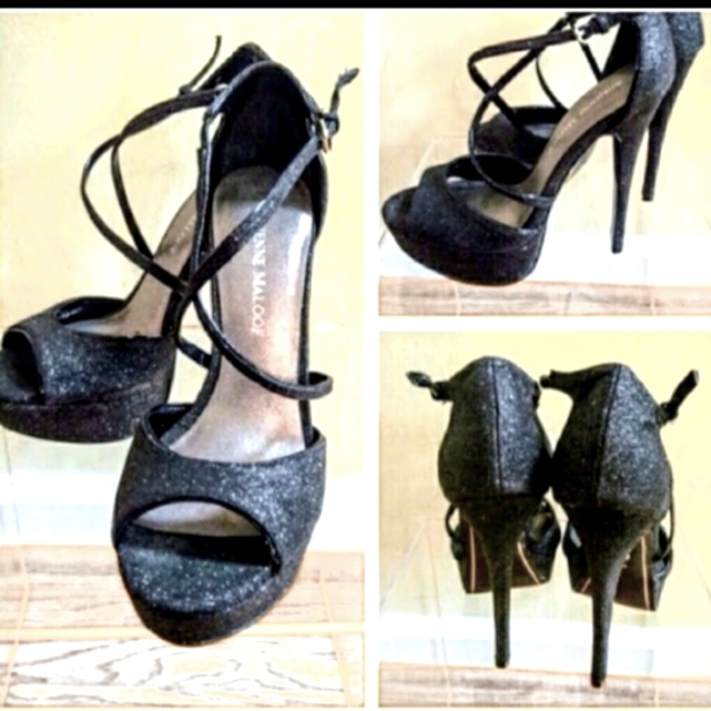 NIB $139 Adrienne Maloof Black Glitter Platform Open Toe Heels 7.5 & 8